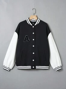 SHEIN EZwear Plus Letter Patched Striped Trim Drop Shoulder Varsity Jacket - Black - View 1