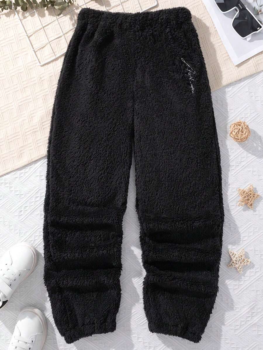 SHEIN Tween Boy Letter Embroidery Flannel Pants - Black - View 1