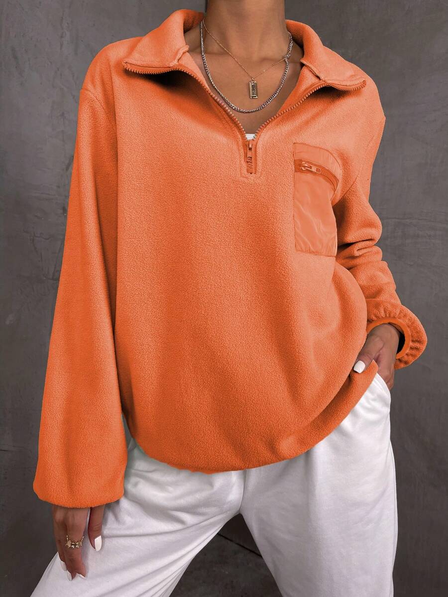 SHEIN LUNE 半拉鏈口袋貼布燈籠袖運動衫 - 橘色 - 查看 1