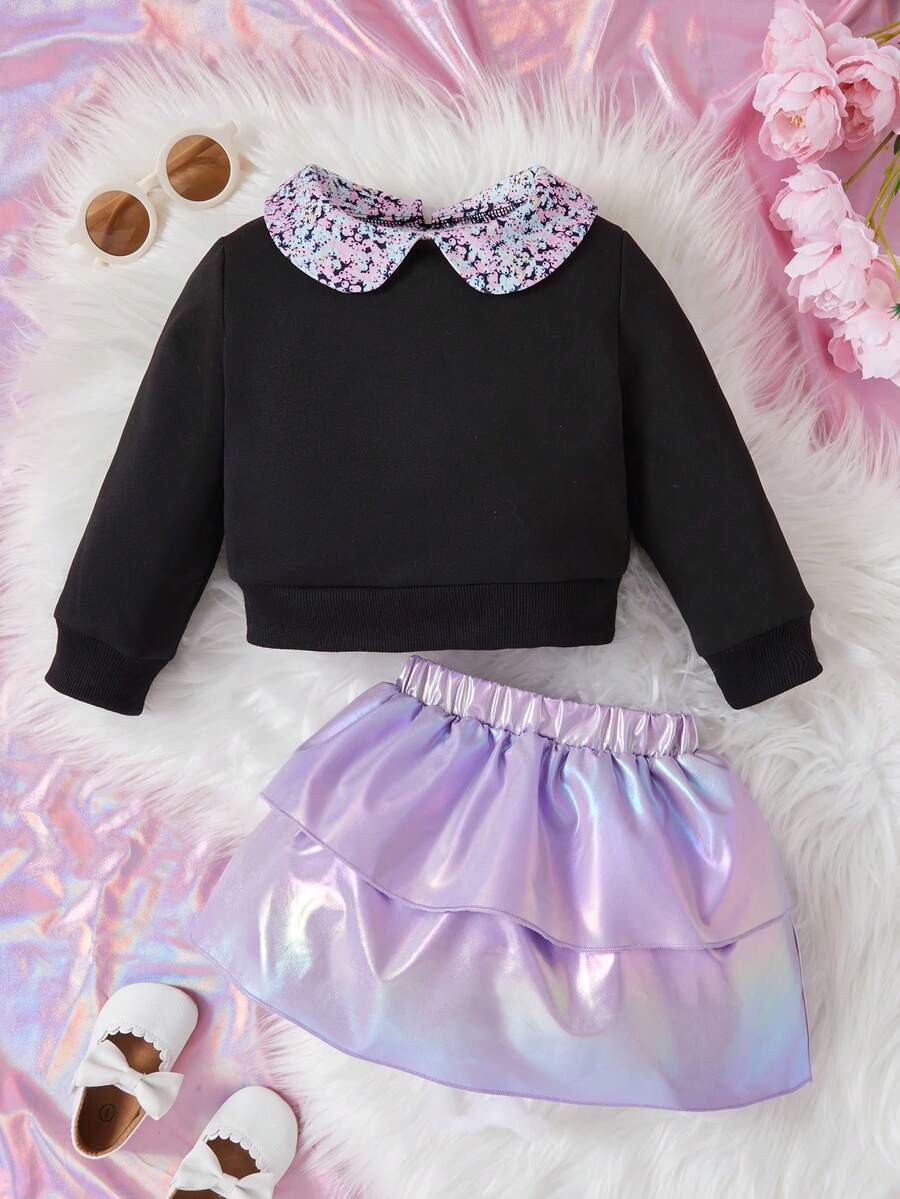 女嬰拼接領運動衫&鐳射半身裙 - 彩色 - 查看 1