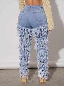 Denimoi High Waist Layered Fringe Trim Jeans, Festival - Blue - View 2