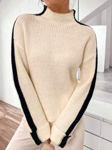 SHEIN Unity 拼接側邊接縫小高領落肩袖套頭毛衣 - 黑與白 - 查看 1