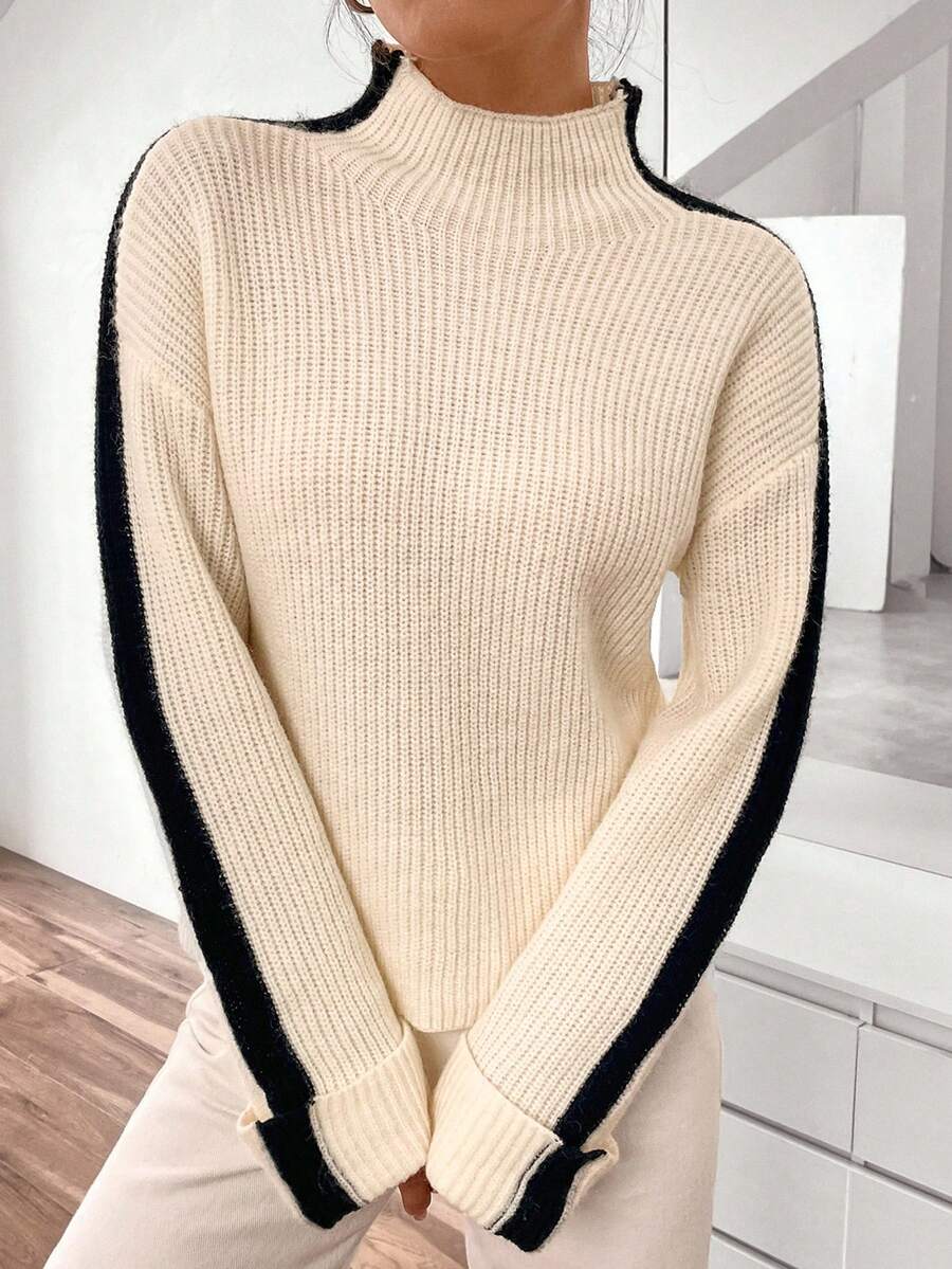 SHEIN Unity 拼接側邊接縫小高領落肩袖套頭毛衣 - 黑與白 - 查看 1