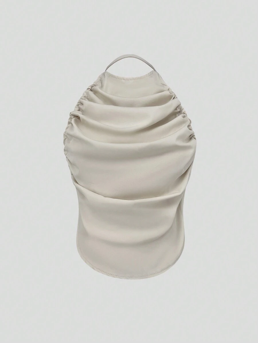 SHEIN Unity Ruched Satin Tie Backless Halter Top - Apricot - View 1