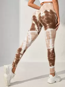 SHEIN Yoga Trendy Nhuộm buộc Thắt lưng băng rộng Quần Xà cạp thể thao - màu nâu - Xem 1