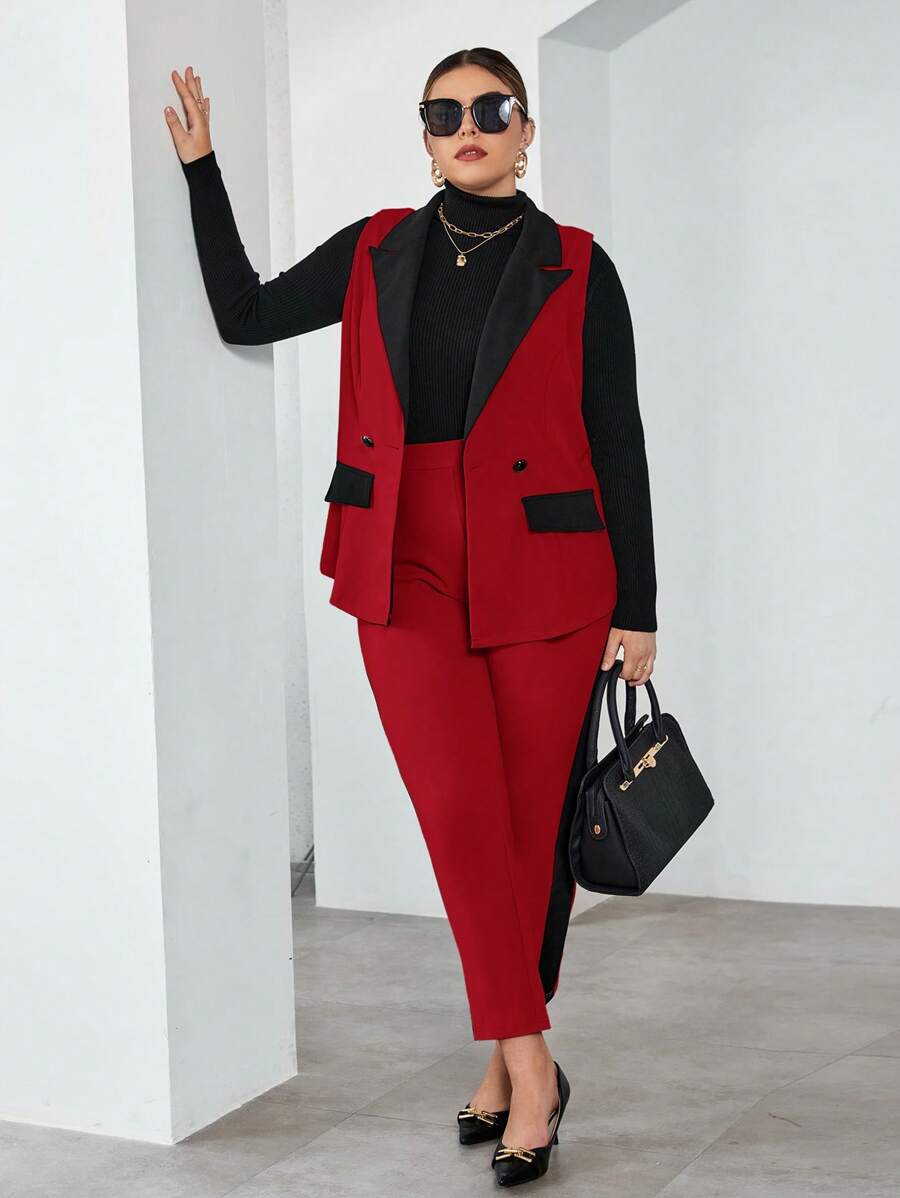 SHEIN Essnce 大碼撞色雙排釦馬甲西裝外套和褲子不帶T恤 - 玫瑰紅 - 查看 1