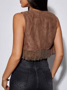 SHEIN PETITE Geo Embroidery Fringe Hem Vest Jacket - Brown - View 2