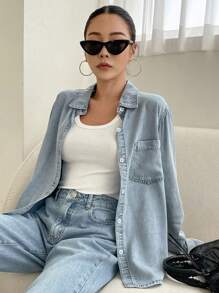 DAZY Y2K风格贴袋纽扣前襟牛仔上衣，牛仔外套，秋季女装长袖女装