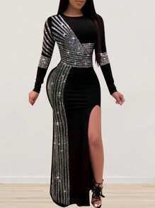 Rhinestone Detail Split Thigh Dress - 黑色 - 查看 1