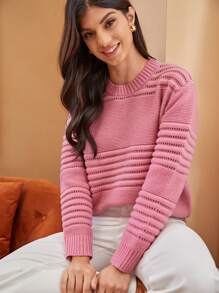 SHEIN Frenchy 素色網眼針織套頭毛衣 - 粉色 - 查看 1