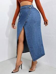 SHEIN SXY 高腰翻蓋口袋圍裹牛仔半身裙 - 深色水洗藍 - 查看 5