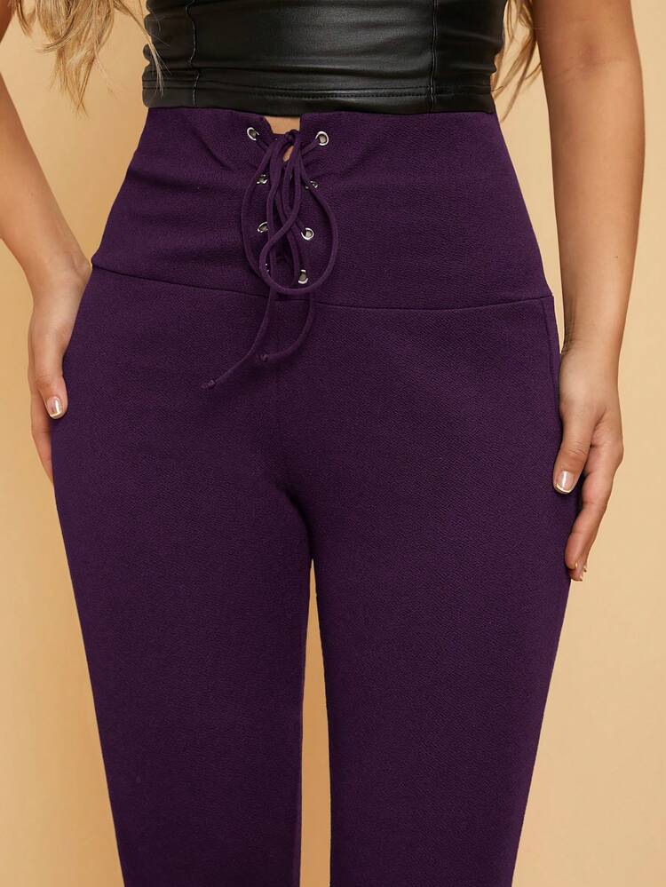 SHEIN SXY Lace Up Front Skinny Pants - Red Violet - View 3