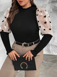 SHEIN Privé Plus Heart Pattern Contrast Mesh Gigot Sleeve Frill Trim Sweater - Multicolor - View 1