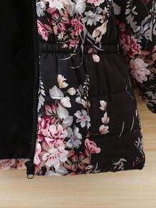 SHEIN Young Girl Floral Print Fuzzy Trim Hooded Padded Coat - Multicolor - View 6