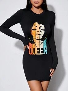 SHEIN PETITE Figure & Letter Graphic Bodycon Dress - Black - View 4