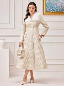 Modelyn Borg Collar Pocket Side Quilted Coat - Apricot - View 2