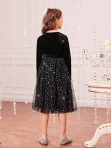 SHEIN 女大童亮片網紗覆蓋繫腰帶洋裝 - 黑色 - 查看 2