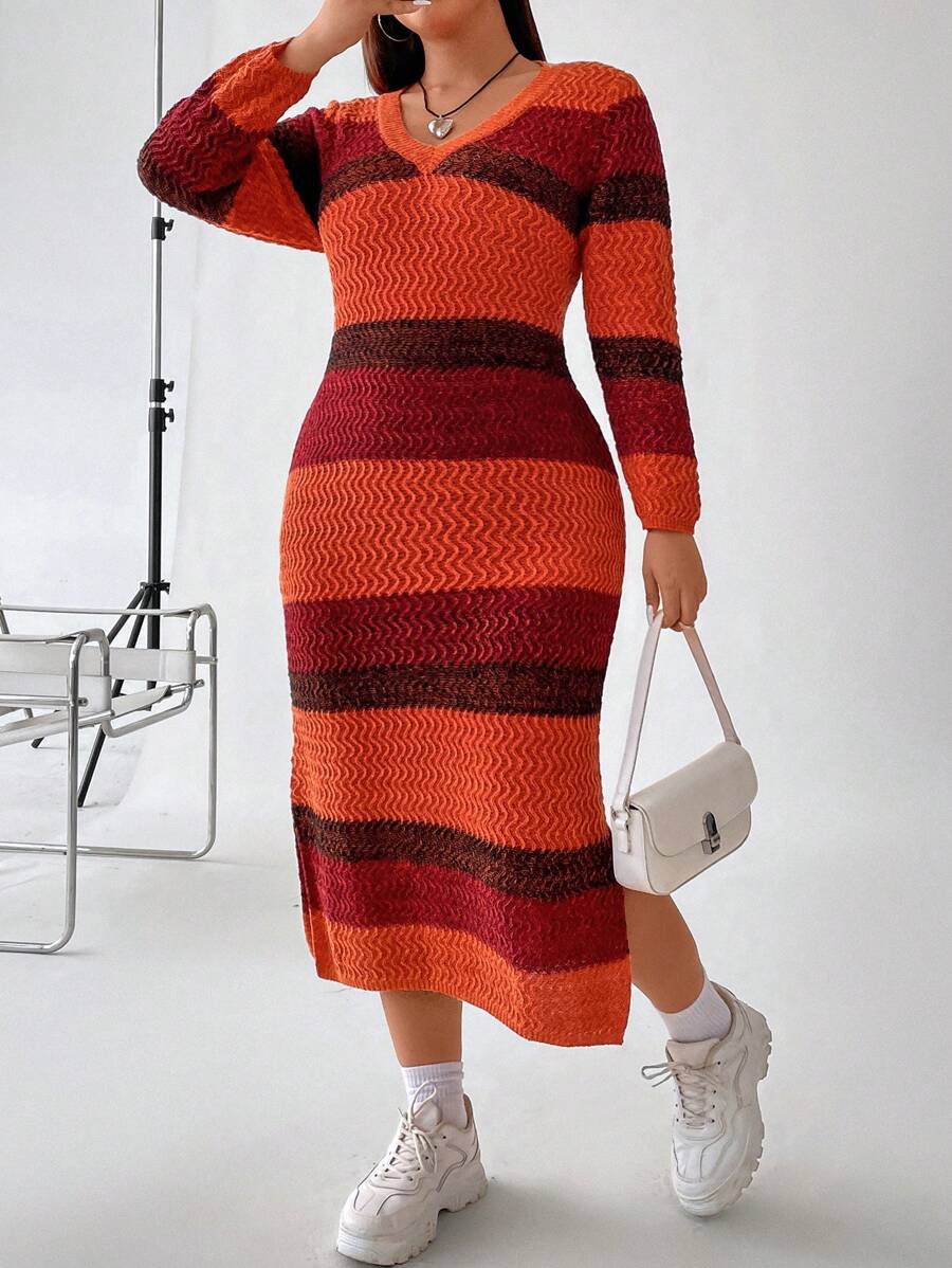 Flirla Hơn Khối màu Tách đùi Đầm Áo len - Nhiều màu - Xem 1