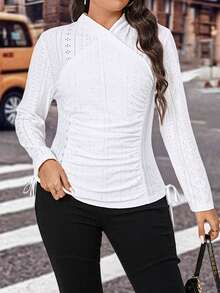 SHEIN Essnce 休閒抽繩 網眼刺繡純色大碼T恤 - 白色 - 查看 3