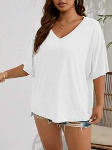 INAWLY Plus Solid Batwing Sleeve Tee - White - View 3