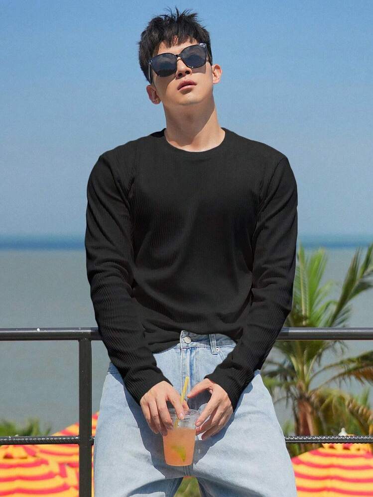 DAZY Camiseta de punto acanalado de color sólido para hombres, camisa de manga larga para hombre de otoño - Negro - Añade 3