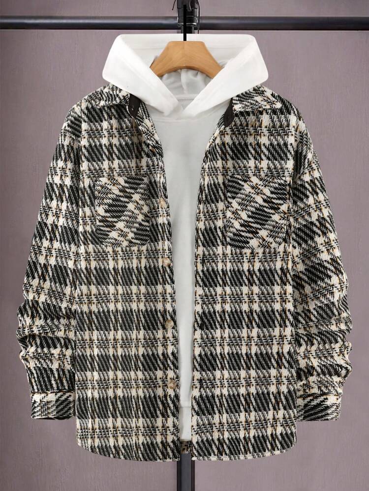 Men Houndstooth Print Flap Pocket Shacket Without Hoodie