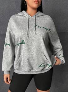 SHEIN EZwear Große Größe Hoodie mit Buchstaben Grafik, Känguru-Tasche, Drop Shoulder Tunnelzug,