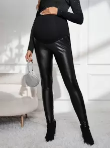 SHEIN 孕妇可调节腰围宽腰带 PU 皮革紧身裤，适合冬季 - 黑色 - 查看 4