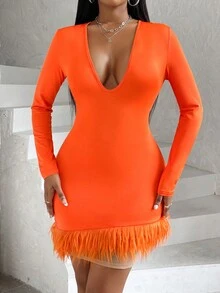 SHEIN Slayr Cổ Lao Viền rìa Váy bodycon - trái cam - Xem 5