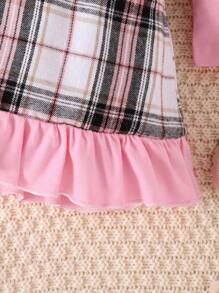 Baby Girl Ruffle Trim Tee & Plaid Print Overall Dress & Headband - Pink - View 8