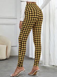SHEIN Privé Pantalones ajustados con estampado de pata de gallo - Amarillo - Ver 2