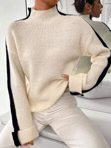 SHEIN Unity 拼接側邊接縫小高領落肩袖套頭毛衣 - 黑與白 - 查看 6