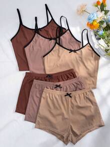 3 件对比色绑带吊带上衣和 3 件蝴蝶结前短裤休闲套装领结，休闲装 - 彩色 - 查看 3