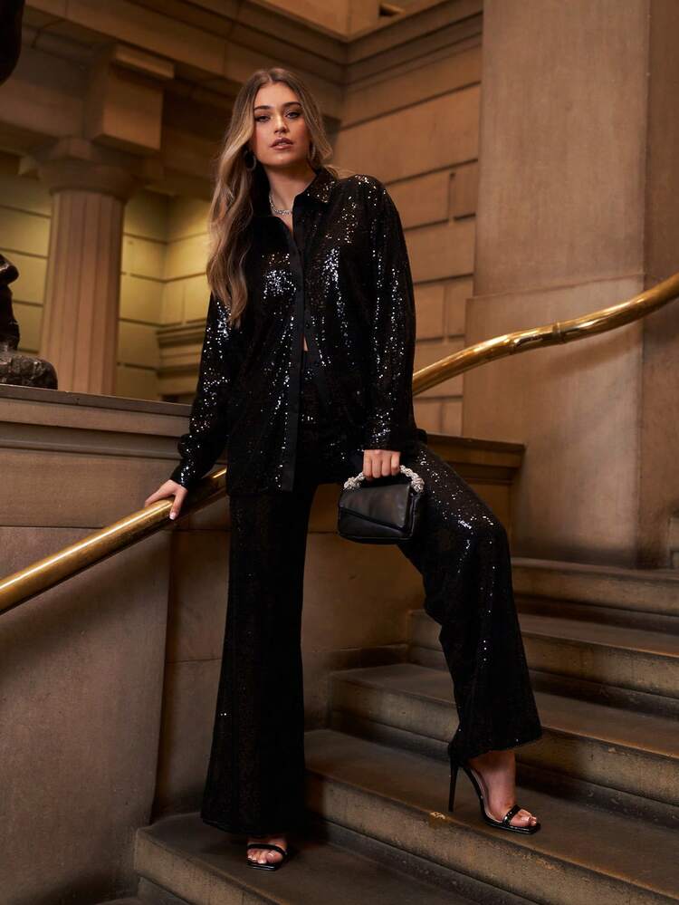 UNIQUE21 Pantalones De Mujer Con Lentejuelas De Última Moda - Negro - Añade 6
