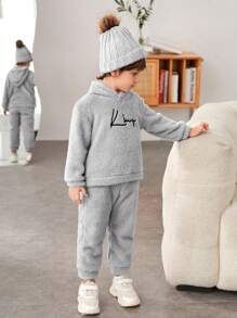 SHEIN Young Boy Letter Embroidery Drop Shoulder Teddy Hoodie & Pants With Bag - Light Grey - View 3