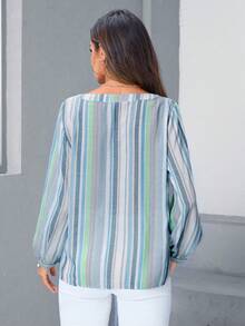 EMERY ROSE Sọc Đường viền cổ có rãnh Tay áo lồng đèn Áo sơ mi - màu xanh lá - Xem 2