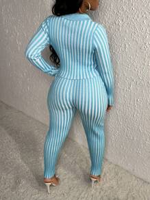 Slaydiva Striped Pattern Cardigan & Knit Pants - Multicolor - View 2