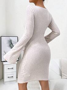 SHEIN 孕婦大圓領條紋針織緊身洋裝 - 卡其色 - 查看 2