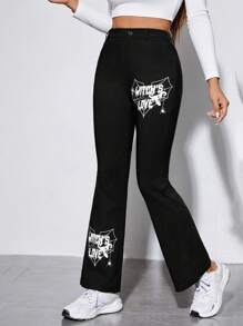 SHEIN PETITE Letter Graphic Flare Leg Pants - Black - View 5
