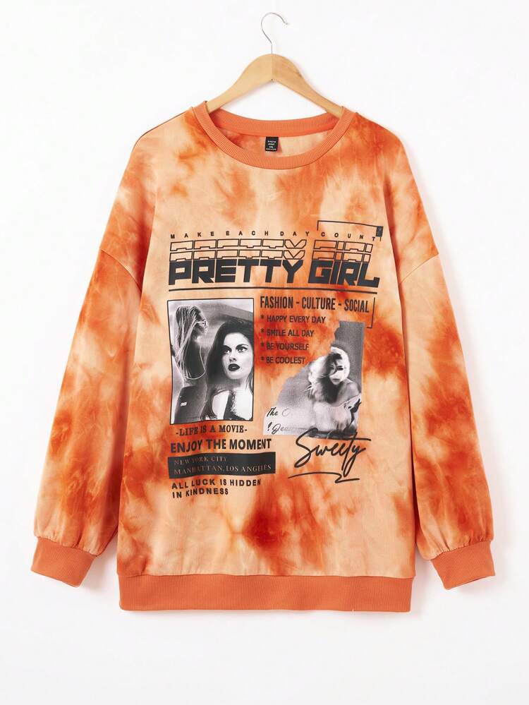 Plus Tie Dye Slogan & Figure Graphic Drop Shoulder Sweatshirt