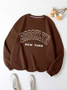 SHEIN EZwear Plus Letter Graphic Thermal Lined Sweatshirt - Brown - View 1