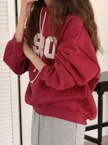 DAZY Letter Embroidery Drop Shoulder Drawstring Hoodie,Long Sleeve Tops Sweatshirt - Red - View 3