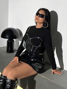 SHEIN ICON 大碼水鑽細節短款T恤 - 黑色 - 查看 4