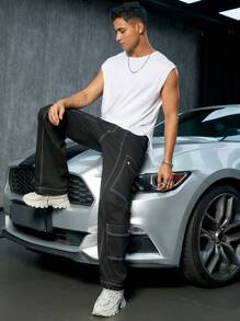 Men Street Top-Stitching Flap Pocket Side Cargo Fall Pants - Black - View 3