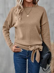 SHEIN LUNE Jersey de hombros caídos bajo con nudo - Caqui - Ver 4