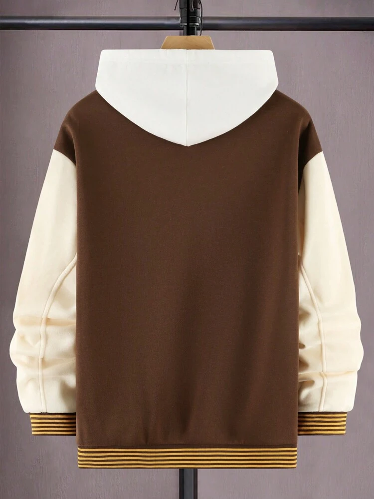 Oversized Men's Slogan & Astronaut Printed Colorblock Drop Shoulder Varsity Jacket