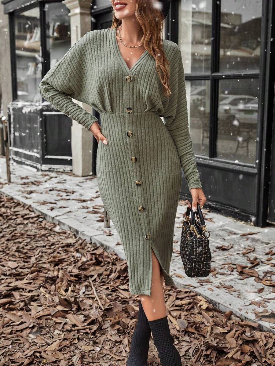 SHEIN Clasi tay cánh Nút phía trước Đầm - Màu xanh Bạc hà - Xem 1