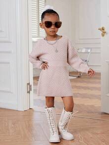 SHEIN Cô Gái Trẻ Thả vai Đầm Áo len - Hồng - Xem 4