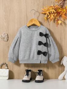 SHEIN Baby Girl Bow Front Drop Shoulder Thermal Sweatshirt - Light Grey - View 1