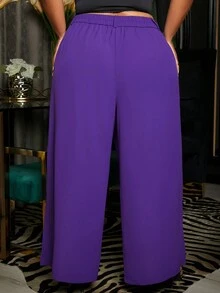 SHEIN CURVE+ 大碼前接縫闊腿西裝褲 - 黑色 - 查看 2